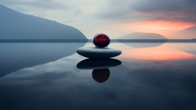 Natursee der Entspannung mit einem grauen Stein auf dem ein magisch glänzender roter Stein liegt. 