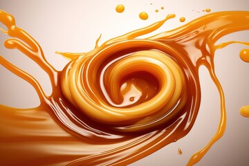 Liquid sweet melted caramel, delicious caramel sauce or maple syrup swirl 3D splash. Yummy sweet caramel sauce or hot syrup twisted
