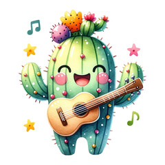 A cactus character playing a guitar with music notes