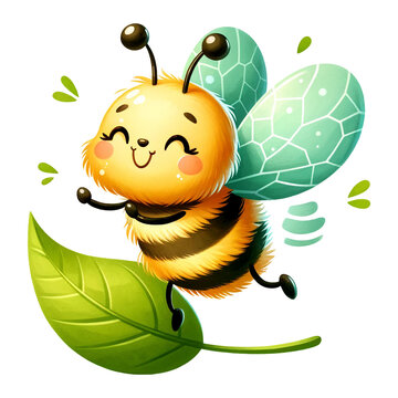 A bee character with wings, happily flying over a leaf