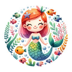 A mermaid surrounded by fish and seaweed