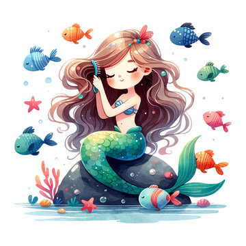 A mermaid combing her hair with sea creatures around