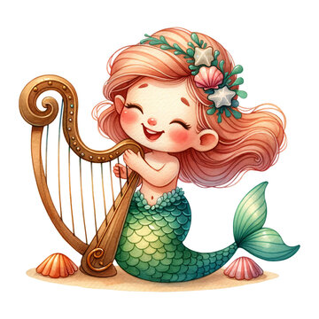 A mermaid playing a harp with sea-themed hair accessories