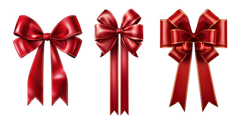 red ribbon bow png set isolated on a transparent or white background, graphic resource for Christmas, valentines day, wedding, birthday or festive celebration