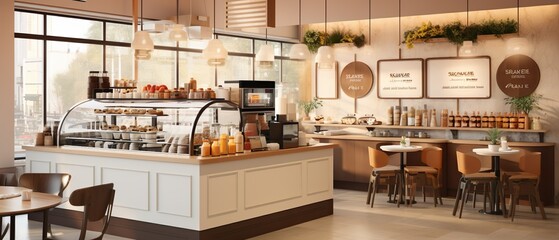 The interior of a clean and bright coffee shop with a combination of brown and beige colors