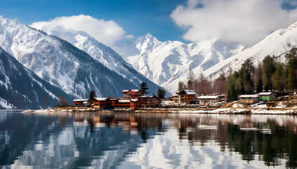 Naklejka premium small village houses with river lake with snowy mountain at background