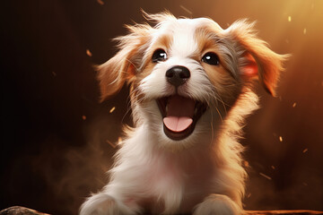 cachorro feliz com a boca aberta rindo em um fundo branco - obrazy, fototapety, plakaty