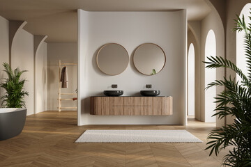 Modern bathroom interior with dark brown parquet floor, two sinks, double mirrors, white bathtub, interior plants, front view. Minimalist bathroom with modern furniture and arches. - obrazy, fototapety, plakaty