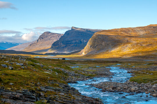 Emergency huts on Kungsleden hiking trail between Salka and Singi in autumn, Lapland, Sweden