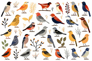 Minimalist illustration of various birds in a graphics sheet
