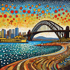 Australian aboriginal dot art style painting of the Sydney harbor bridge.