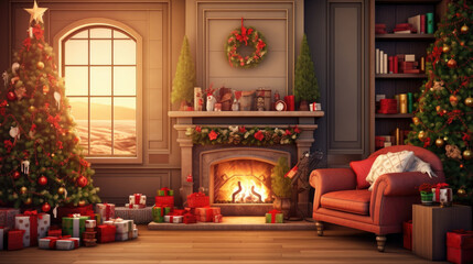 Interior of decorated living room with Christmas tree and comfortable sofa for family comeliness