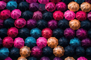 Fototapeta na wymiar Overhead composition of open umbrellas forming a cheerful and organized pattern