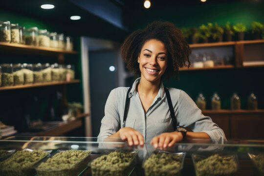 Happy saleswoman at a marijuana shop - providing friendly service in a cannabis retail setting