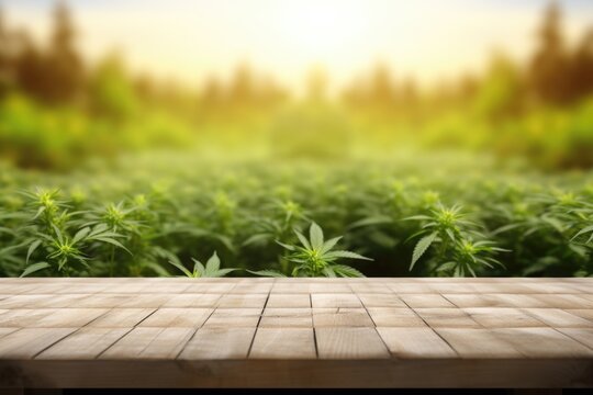 White wooden table surface left bare, set against the backdrop of marijuana plants with a soft blur - an open canvas for inspiration, copyspace