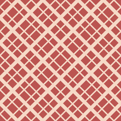 Fototapeta na wymiar Seamless red and beige diagonal line pattern. Simple retro vintage style geometric texture with lattice, grid. Vector ornament, elegant abstract background. Repeat design for decor, textile, print