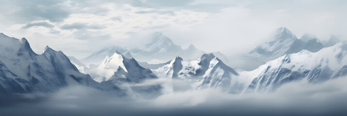 Fototapeta na wymiar a panoramic view of snowy mountains with snow covered peaks covered with fog and snow in winters