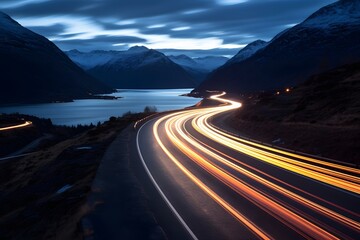 a highway road with cars moving fast with motion blur between snowy mountains - obrazy, fototapety, plakaty