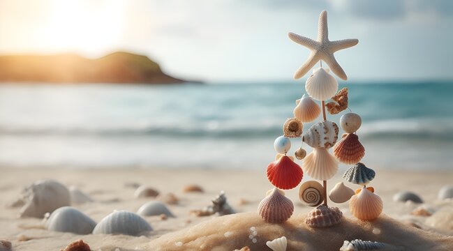 Sea shells and star fish Christmas tree on clear sand