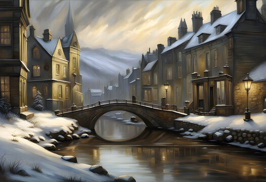 street view of an old fashioned english northern town in winter at twilight with old stone houses and shop in snow and a bridge crossing a river