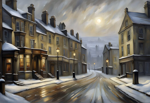 street view of an old fashioned english northern town in winter at twilight with old stone houses and shop buildings covered in snow
