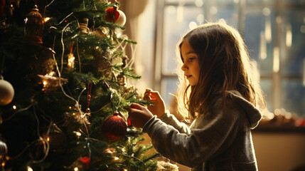 Christmas tree beautifully decorated with ornaments and a little girl actively decorating
