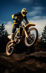 Fototapeta na wymiar a man rider riding a sport dirt bike in a race doing jumping stunt in the air