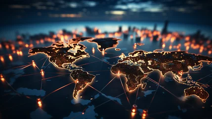Fotobehang digital illustration of a world map interconnected with digital lines and nodes, symbolizing global business networks © Shining Pro