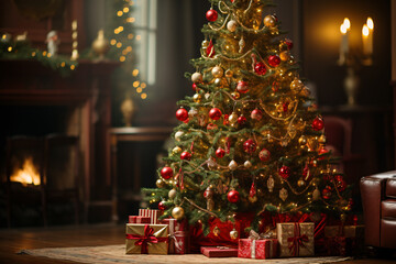 Fototapeta na wymiar showcasing a Christmas tree lavishly decorated with festive ornaments. Generative AI