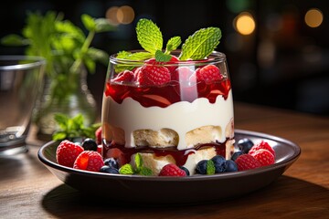 Panna cotta Italian homemade organic dessert of sweetened cream thickened with gelatin made with layer of strawberry sauce with topping of berries and mint leaf served in glass - obrazy, fototapety, plakaty