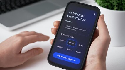 Generating image from textual description using an online artificial intelligence tool. Generative art from a text prompt on a smartphone app. - Powered by Adobe