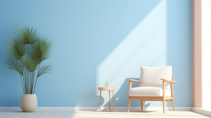 interior of a room with a chair, plants and wall mock up