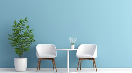 Two white chairs and table on flat solid color wall background alongside with plant - obrazy, fototapety, plakaty
