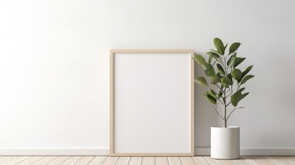 A room wall with empty picture frame with plant in pot
