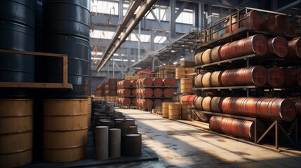 A cinematic shot of a interior of factory wit full of  oil drums