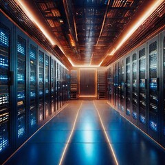 Server Room Computer Datacenter Rack Data computing. A spacious server room with rows of dark colored servers of various sizes, creating an imposing and organized appearance. Iridescent blue lights re