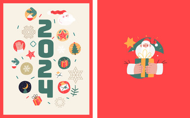 Christmas postcards with Santa Claus - modern flat vector concept illustrations of the Christmas and New Year symbols, vertical postcards set