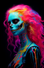 colorful hip-hop skull of a musician in rock costumes, wearing leather jacket and glasses, colorful hair style, painted skull