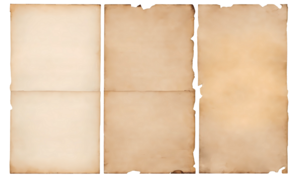 Set of three old parchment paper sheet, antique paper, vintage old texture with ripped edges isolated over a transparent background, PNG