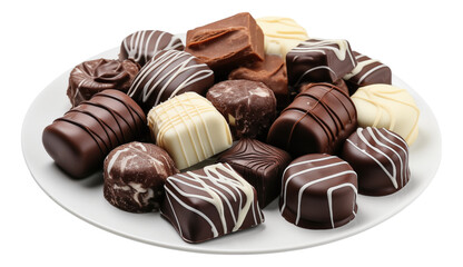 Various chocolate on white plate isolated.
