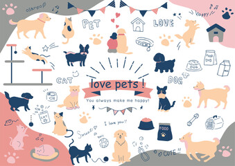 手がきの犬、猫とペット用品アイコンのセット © kid_a