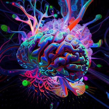abstract glowing brain exploding colorful psychedelic art design