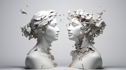 Two antique statue's heads are crumbling on white background.