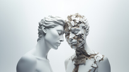 Two antique statue's heads are crumbling on white background. - obrazy, fototapety, plakaty