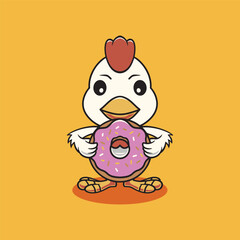 Cute chicken eating big donut cartoon illustration
