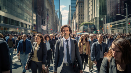 Executive man, young entrepreneur and businessman walking on busy city center street.