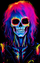 colorful hip-hop skull of a musician in rock costumes, wearing leather jacket and glasses, colorful hair style, painted skull