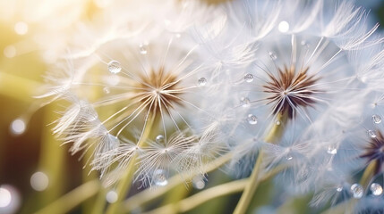 Close up dandelion seeds with morning dew