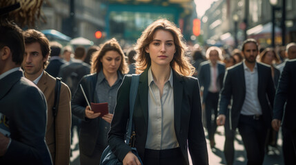 Fototapeta premium Executive woman, young businesswoman and business woman walking on busy city center street.