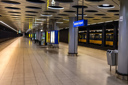 Interior of Train station in Amsterdam Airport Schiphol - main international airport of the Netherlands. Amsterdam, the Netherlands. November 31, 2021.